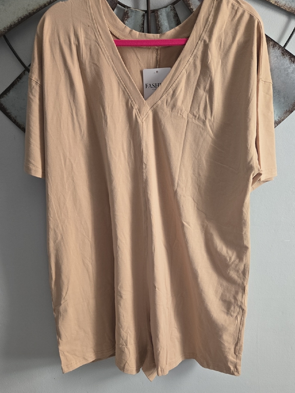 Womans V Neck Short Sleeve  Beige Romper